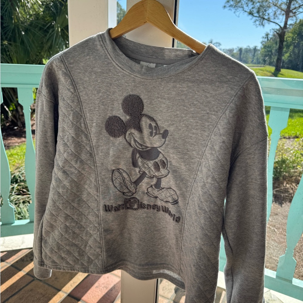 Disney Gray Mickey Embroidered Crop Crewneck Sweatshirt